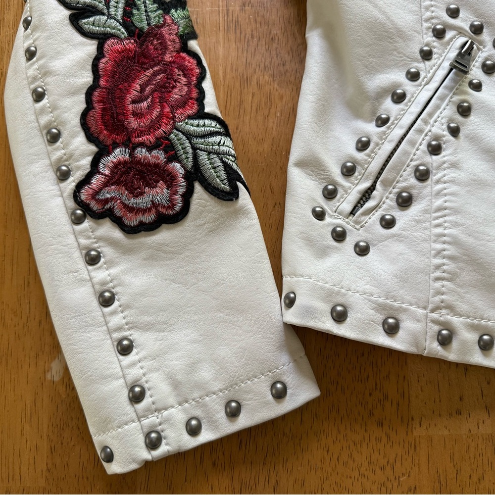 Embroidered studded faux leather moto jacket - Picture 2 of 12
